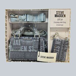 Steve Madden Gift Set -Blue Boxy Embossed Crossbody Bag W/ Web Strap & Card Case